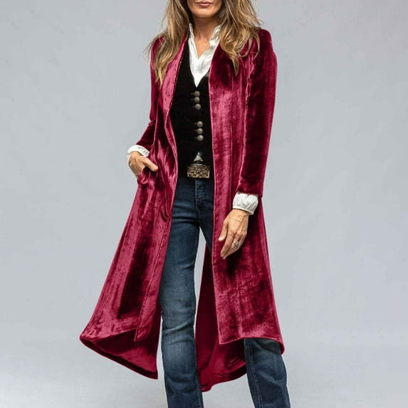 Women's Velvet Open Front Cardigan Long Trench Coat, Elegant Back High Slit Jackets with Pockets Party Dinner Outerwear Wine S