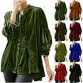 thumbnail image 1 of Women's Velvet Oversized Top 3/4 Sleeve Crew Neck Pleated Shirt Long Sleeve Casual Tunic Blouse for Weekend Leisure, 1 of 8