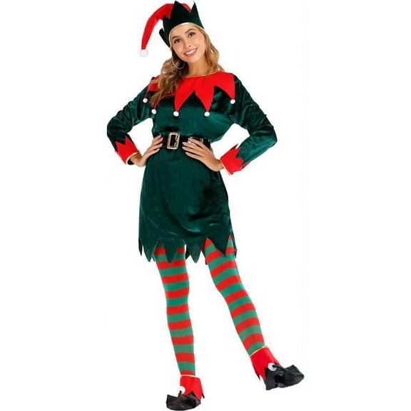 Women's Velvet Party Hooded Performance Dress for Christmas Events and Unisex Role-Playing, Comfortable Costume Dress with Long Sleeve and Festive Design,Green,2XL