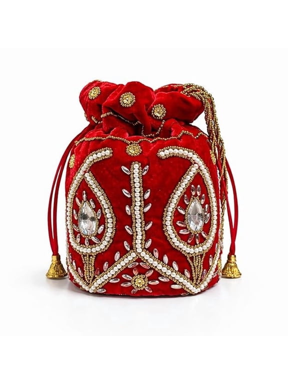 Womens Velvet Potli Bag with Pearl and Stone Work Drawstring Pouch for Wedding Party Festival Traditional Handbag Gift for Ladies-Red