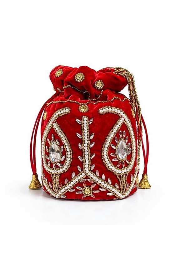 Womens Velvet Potli Bag with Pearl and Stone Work Drawstring Pouch for Wedding Party Festival Traditional Handbag Gift for Ladies-Red