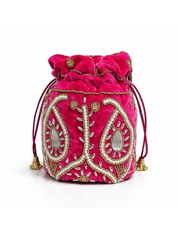 Womens Velvet Potli Bag with Pearl and Stone Work Drawstring Pouch for Wedding Party Festival Traditional Handbag Gift for Ladies-pink