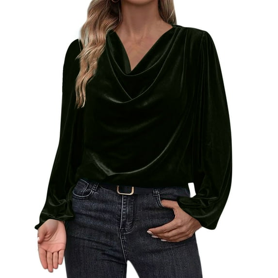 Women's Velvet Ruched Mock Neck Tops, Dressy Casual Long Sleeve Shirts, Fall Winter out Shirts