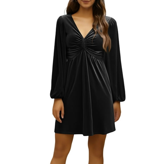 Women's Velvet Satin Dresses Fashion Elegant Temperament V-Neck Long-Sleeved Waist A-Line Dress Daily Matching Dress Medium Long Styles Cocktail Dress Black L