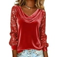 thumbnail image 1 of Women's Velvet Sequin Tops Elegant Cowl Neck Shirt Dressy Long Sleeve Sparkly Blouse Trendy Glitter Evening Party Tshirt Red S, 1 of 4