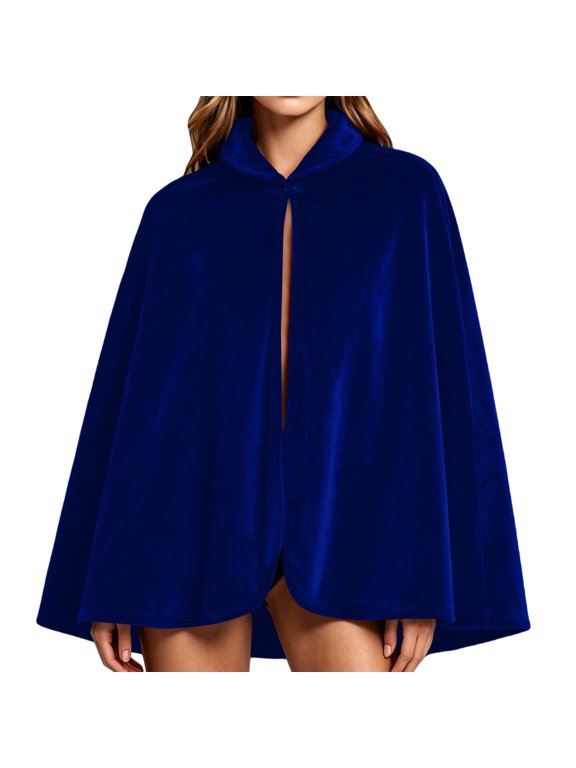 Women's Velvet Short Cape With Stand Collar And Single Button Closure For Halloween Party And Themed Events Blue Free Size