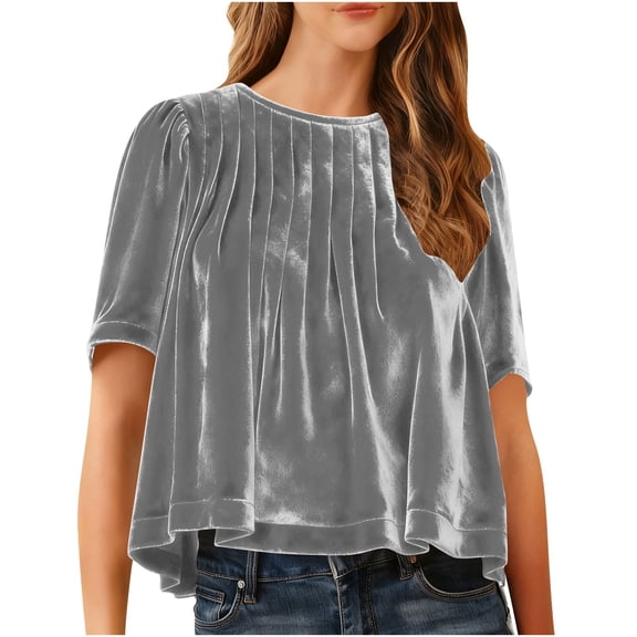 Women's Velvet Short Sleeve Round Neck Relaxed Casual Top With Pleated Chest Detail Spring Summer Breathable Construction