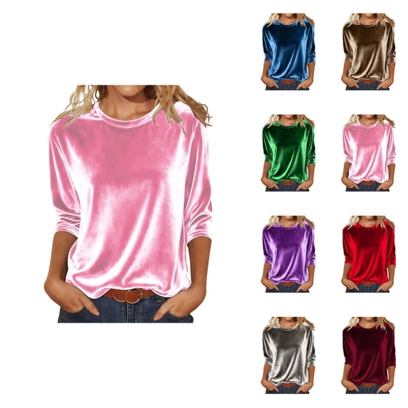 Women's Velvet Short Sleeve T-Shirt, Soft Crew Neck Casual Basic Top for Fall Winter Comfort Wear