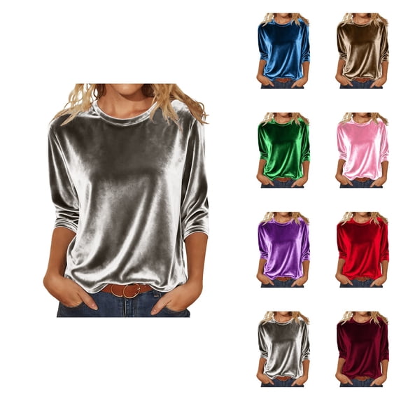 Women's Velvet Short Sleeve T-Shirt, Soft Crew Neck Casual Basic Top for Fall Winter Comfort Wear