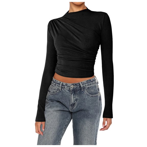 Women's Velvet Shoulder T Shirt 2024 Summer Pleated Half Turtleneck Base Top Comfortable Fashion Blouse Casual Tee