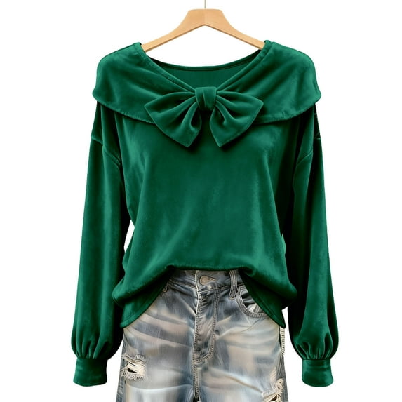 Women's Velvet Solid color Bow Shirts, Casual 3/4 Sleeve Cowl Neck tops, Long Sleeve Blouses Tops