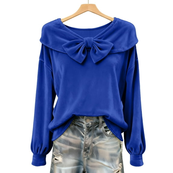 Women's Velvet Solid color Bow Shirts, Casual 3/4 Sleeve Cowl Neck tops, Long Sleeve Blouses Tops