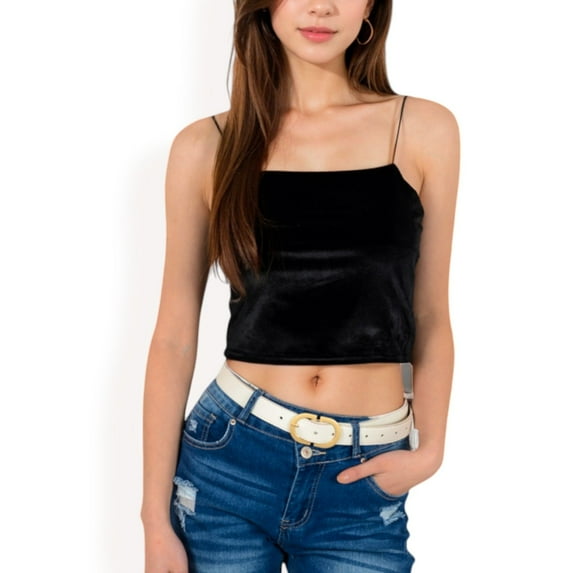 Women's Velvet Spaghetti Strap Cropped Cami Top - Small, Black