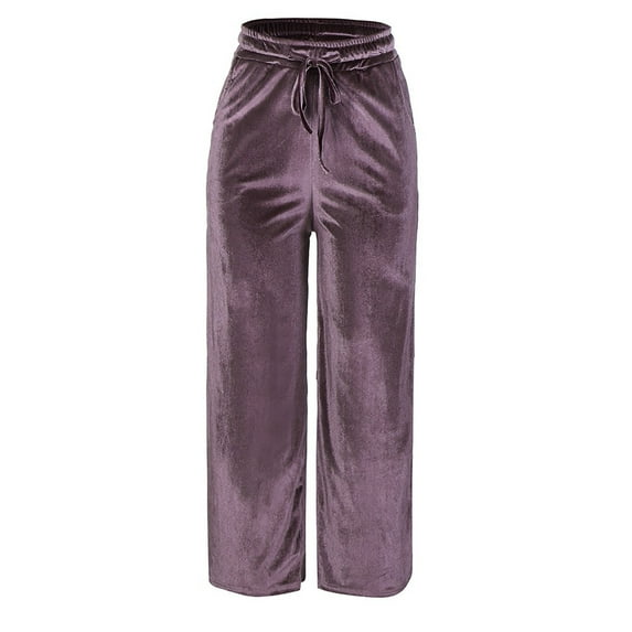 Women's Velvet Straight Leg Pants High Waist Drawstring Solid Trousers Wide Leg Velour Pants Casual Loose Lounge Pants