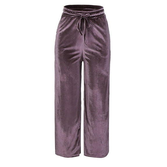 Women's Velvet Straight Leg Pants High Waist Drawstring Solid Trousers Wide Leg Velour Pants Casual Loose Lounge Pants