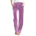thumbnail image 1 of Women’s Velvet Straight Pants, Drawstring Elastic Waist Loose Sweatpants Solid Color Wide Leg Trousers with Pockets, 1 of 9