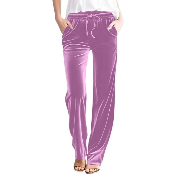 Women’s Velvet Straight Pants, Drawstring Elastic Waist Loose Sweatpants Solid Color Wide Leg Trousers with Pockets