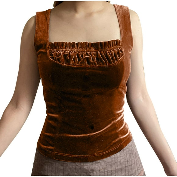 Women's Velvet Tank Tops Basic Sleeveless Square Neck Ruched Cami Tops Fashion Going Out Layering Shirts