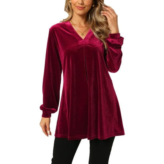 INSPIRE CHIC Women's Velvet Top V Neck Long Sleeve Casual Loose Fit Blouse T-Shirt L Red