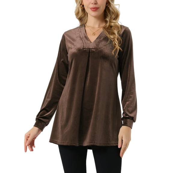 Women's Velvet Top V Neck Long Sleeves Solid Casual Tunic Blouse Loose T-Shirt XL Coffee