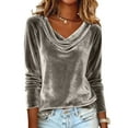 thumbnail image 1 of Women's Velvet Tops Elegant Cowl Neck Shirt Dressy Long Sleeve Blouse Trendy Casual Evening Party Tshirt Silver M, 1 of 7