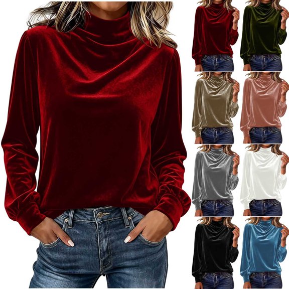 Women's Velvet Tops Elegant Mock Neck Puff Long Sleeve Blouse Dress Blouses for Women Red S