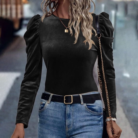 Women's Velvet Tops Lightweight Solid Color Round Neck Long Sleeved Velvet Leisure Easy Cozy Comfortable Blouse for Women