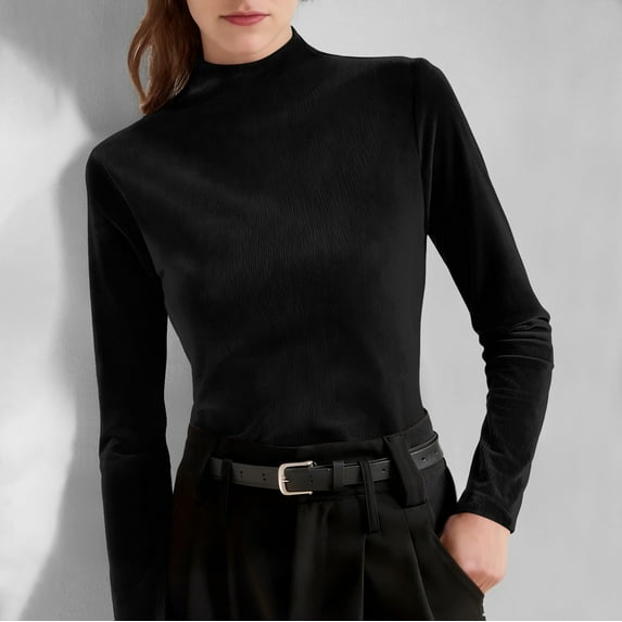 Women's Velvet Tops Mock Neck Long Sleeve Basic Layer Pullover Casual Soft Comfy Stylish Blouse Slim Fit (S, Black)