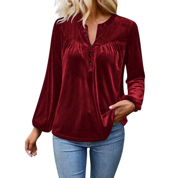 Women's Velvet Tops with Pleats Dressy Casual Button Up V Neck Blouse Loose Fit Long Sleeve Office Work Shirts (2XL, Wine)