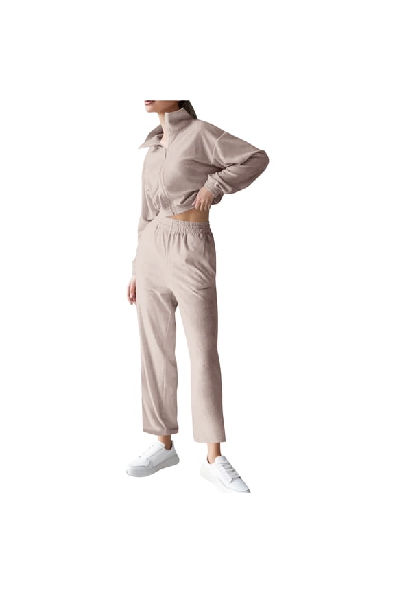 Women's Velvet Tracksuits 2 Piece Outfits Long Sleeve Lapel Collar Full-zip Crop Jacket and Wide Leg Pant Sets (XL, Beige)