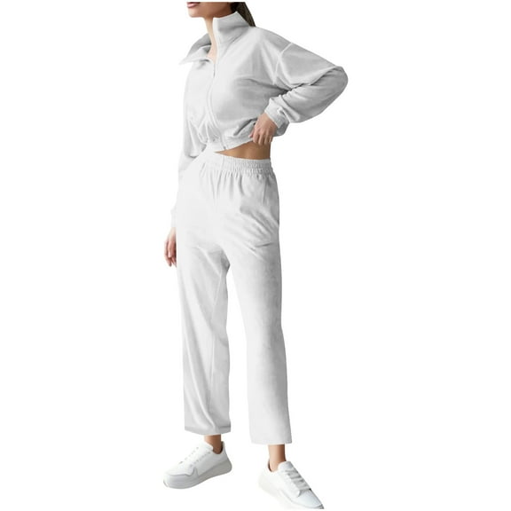 Women's Velvet Tracksuits 2 Piece Outfits Long Sleeve Lapel Collar Full-zip Crop Jacket and Wide Leg Pant Sets (XL, White)