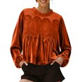 thumbnail image 1 of Women's Velvet Trim Lace Blouse Long Sleeve Shirt Elegant Flared Swing Top Round Neck Casual Wear Saffron XL, 1 of 4