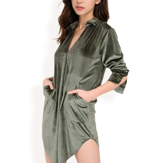 Women's Velvet V-Neck Mini Dress with Side Pockets - X Large, Olive Green
