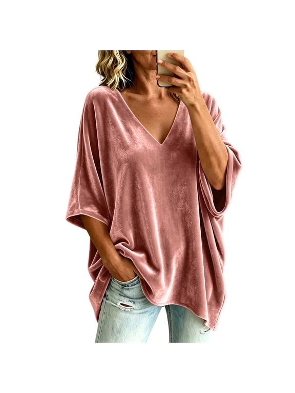 Women's Velvet V Neck Tunic Top Oversized Batwing Sleeve Casual Shirt Loose Fit Velour Blouse for Ladies, 3/4 Length Sleeves Tops, Smart Casual Autumn Winter Party Going Out Shirts