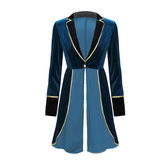 Women's Velvet Victorian Steampunk Tailcoat Ringmaster Circus Show Blazer Jacket Lapel Button down Party Wear Blue 3XL