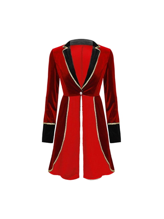 Women's Velvet Victorian Steampunk Tailcoat Ringmaster Circus Show Blazer Jacket Lapel Button down Party Wear Red S