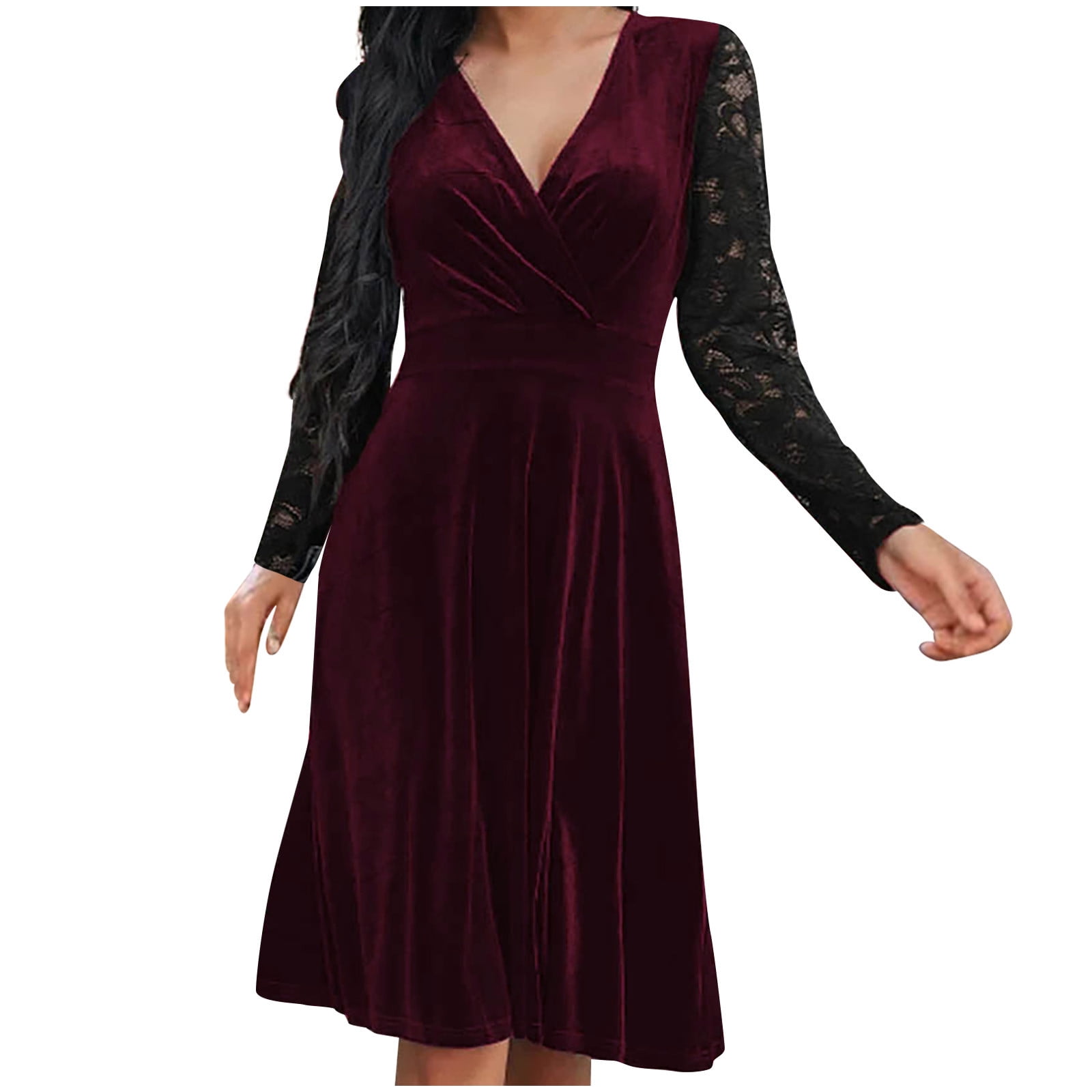 Women's Velvet Wedding Guest Dresses Lace Splicing V Neck Long Sleeve