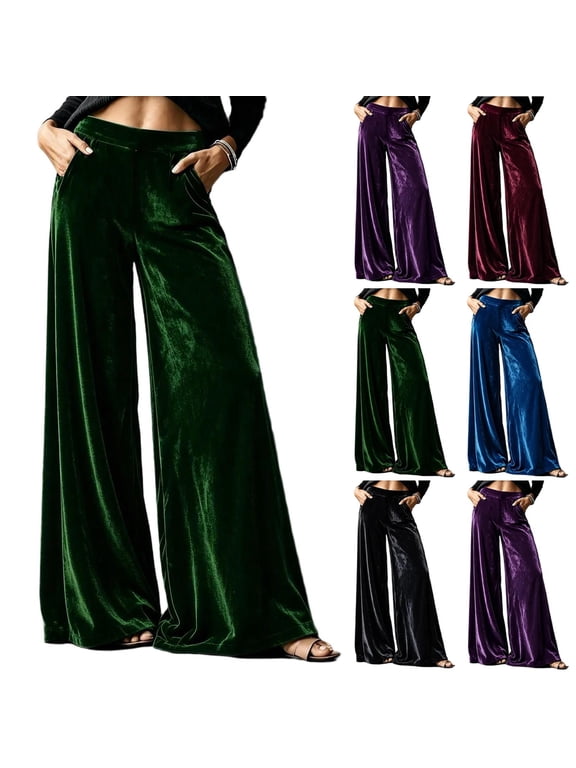 Women's Velvet Wide Leg Palazzo Pants Elastic Waistband Flowy Soft Dressy Casual Party Night Out Club Fall Winter Festival Trousers with Pockets Wine