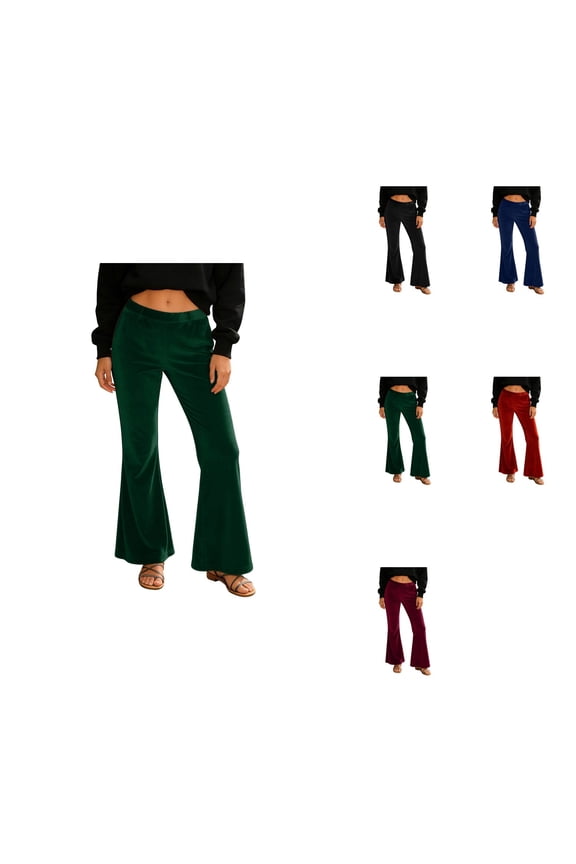 Women’s Velvet Wide Leg Pants, Elastic High Waisted Flared Trousers with Pockets, Plus Size Long Oversized Boot Cut Bell-Bottoms, Tummy Control Casual Work Business Pants