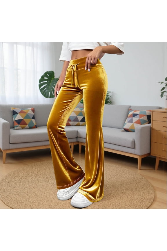 Women's Velvet Yoga Pants with Pockets Flare Leggings High Waist Yoga Dress Pants Tall Bootcut Casual Work Gold XL