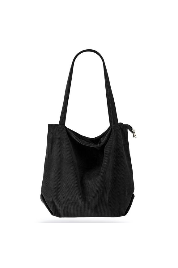 Women's Velvet Zipper Tote Bag Casual Handbag Large Capacity Shoulder Bag With Pockets Black