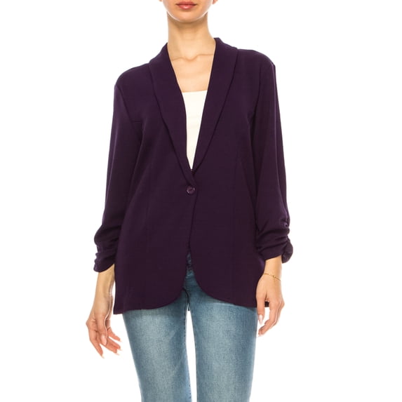 FashionStream MOA Collection Ruched Sleeves Notched Lapel Solid Print Blazer, Women's