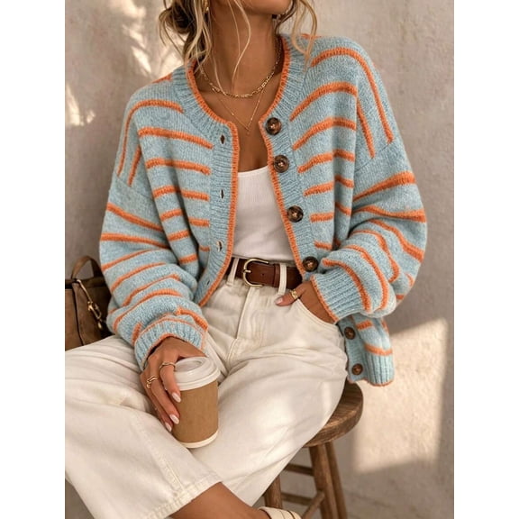 Women's Versatile Button Front Cardigan, Long Sleeve Loose Fit Top for Commute and Casual Wear