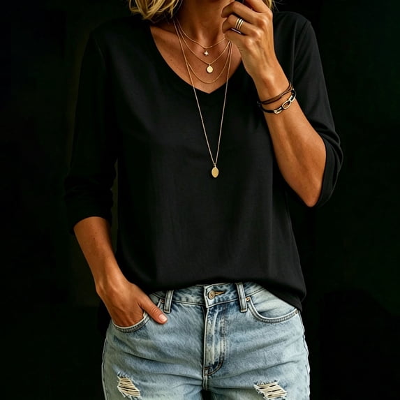 Women's Versatile Color V Neck 3/4 Sleeve Loose T Shirt Top