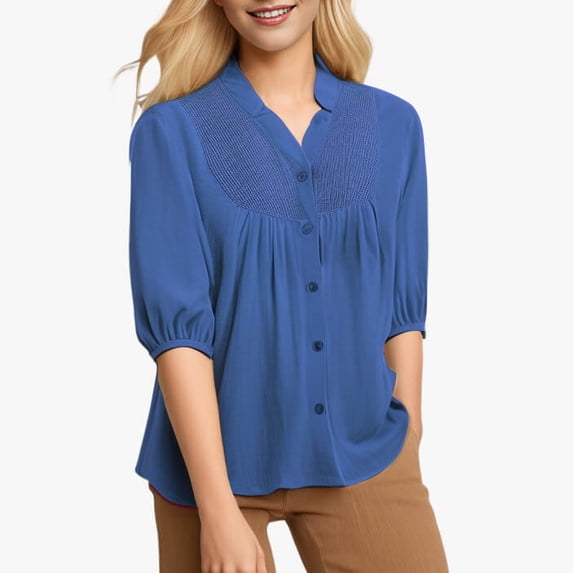 Women's Versatile Elegant V-Neck 3/4 Sleeve Button-Up Shirt Blouse