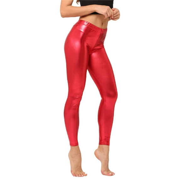 Women's Versatile Metallic Finish Skinny Fit Pants, Colorful Shiny Leather Leggings Red XL