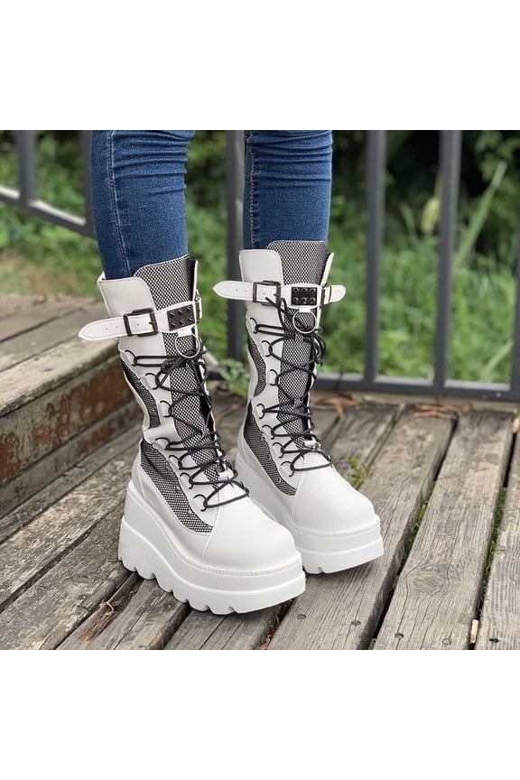Women's Versatile Plus-Size Mid-Calf Riding Boots,Stretchy Knit Upper,Soft Padded Insole,Block Heel Comfort,Breathable All-Day Wear,Casual Fashion Footwear for Outdoor Leisure Activities White F