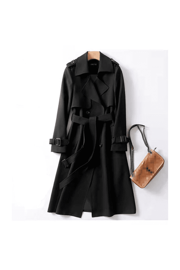 Women's Versatile Solid Color Notch Lapel Double Breasted Detachable Belt Trench Coat, Fall & Winter Wrap Tie Waist Outerwear Jacket