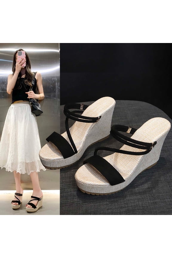 Women's Versatile Summer Slippers Baeitkot Women's Versatile Plus-Size Two-Way Peep-Toe Wedge Heels Comfortable Summer Slippers Black 42