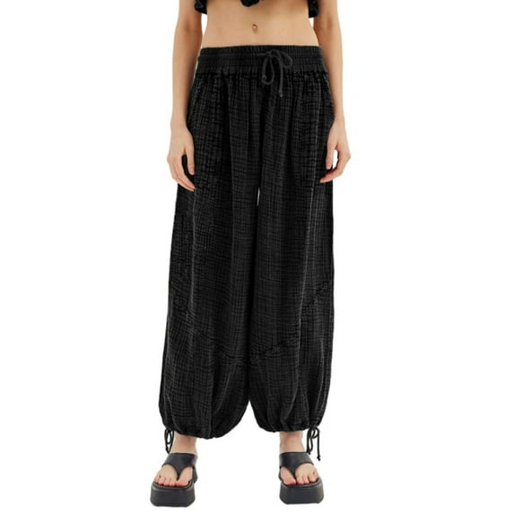 Women's Versatile Thin Crinkle Fabric Tie Band Wide Leg Pants Drawstring Drawstring Crew Pants